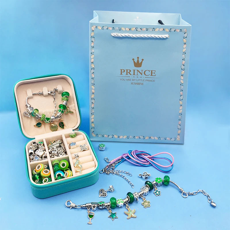 Bracelet Créatif – Kit avec Bracelets + Colliers + Breloques, pendentifs + Cadeau : Boîte à bijoux en cuir