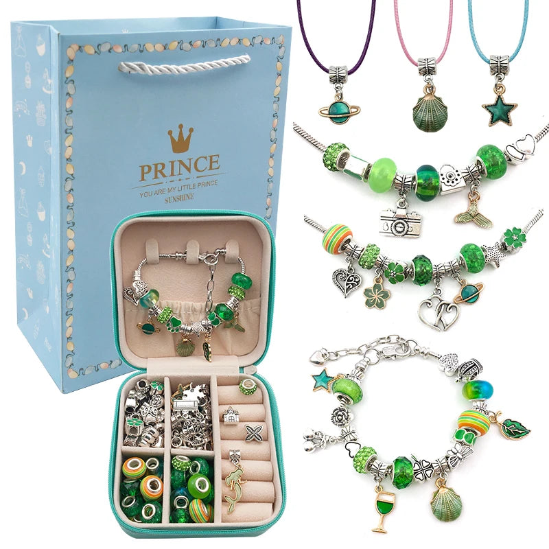 Bracelet Créatif – Kit avec Bracelets + Colliers + Breloques, pendentifs + Cadeau : Boîte à bijoux en cuir