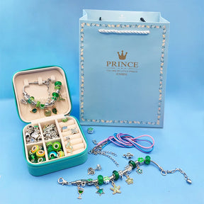 Bracelet Créatif – Kit avec Bracelets + Colliers + Breloques, pendentifs + Cadeau : Boîte à bijoux en cuir