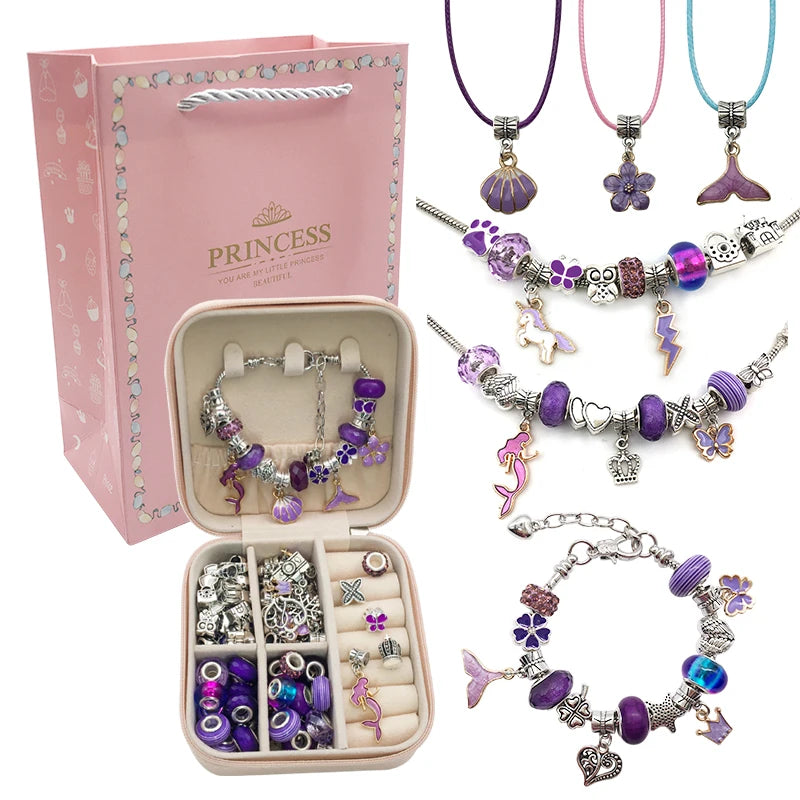 Bracelet Créatif – Kit avec Bracelets + Colliers + Breloques, pendentifs + Cadeau : Boîte à bijoux en cuir