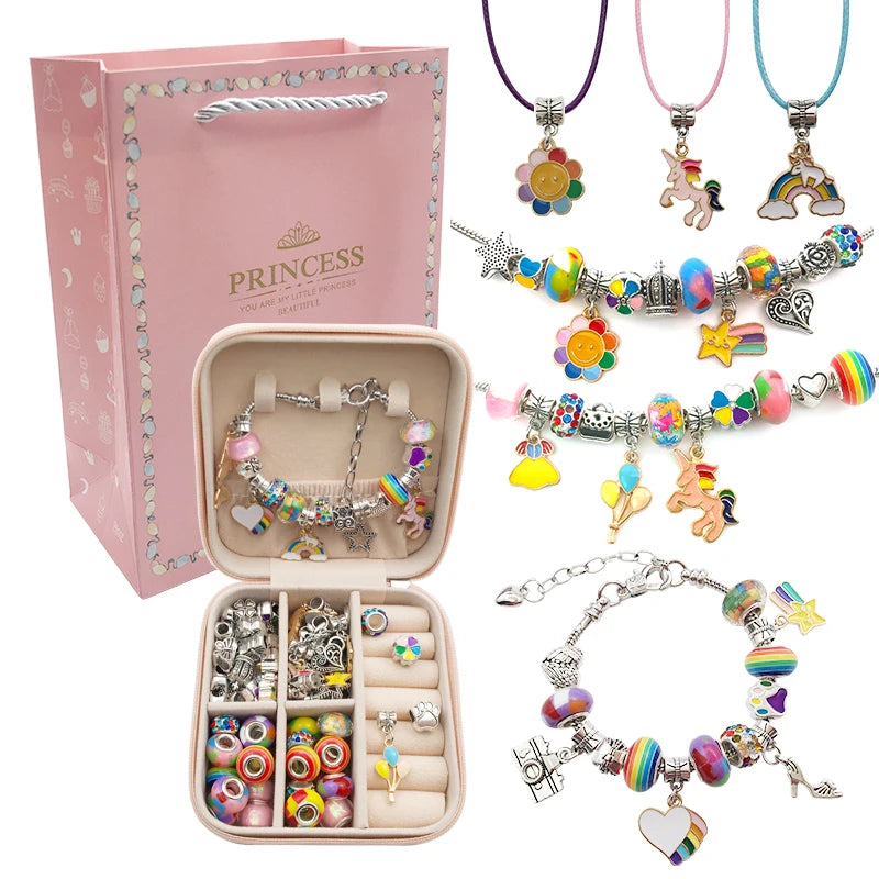 Bracelet Créatif – Kit avec Bracelets + Colliers + Breloques, pendentifs + Cadeau : Boîte à bijoux en cuir