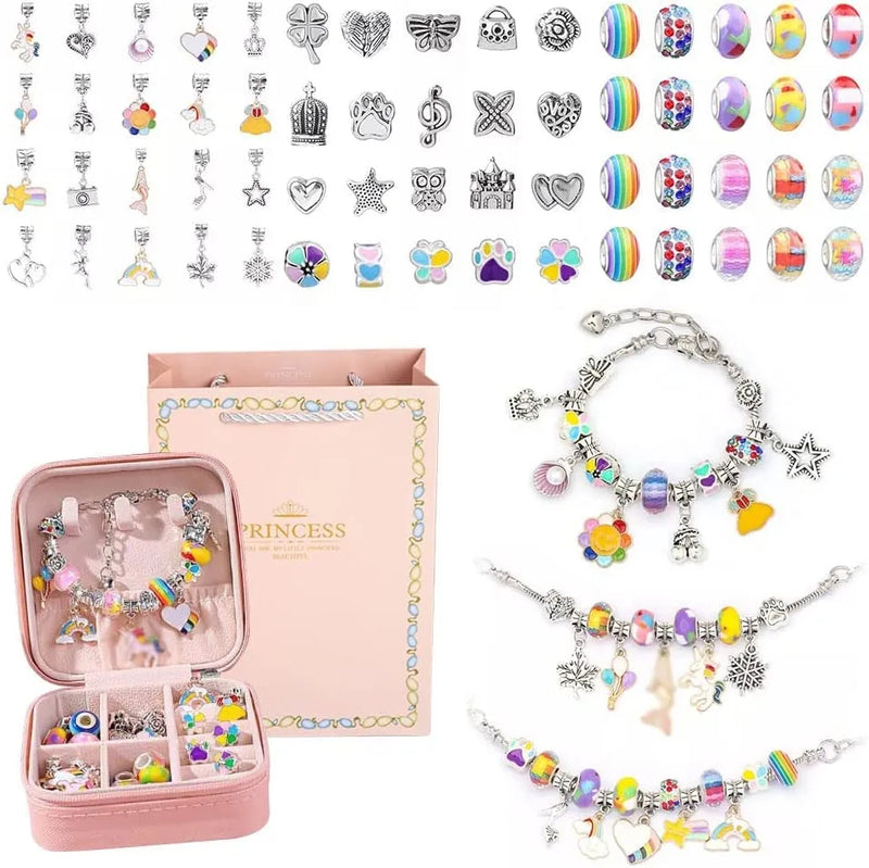 Bracelet Créatif – Kit avec Bracelets + Colliers + Breloques, pendentifs + Cadeau : Boîte à bijoux en cuir