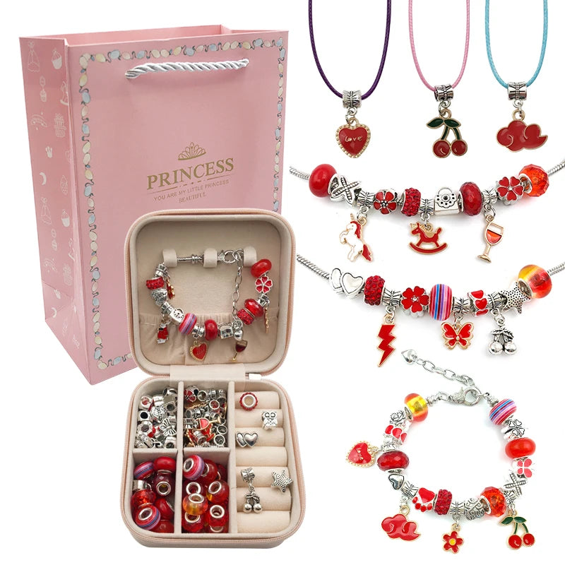 Bracelet Créatif – Kit avec Bracelets + Colliers + Breloques, pendentifs + Cadeau : Boîte à bijoux en cuir