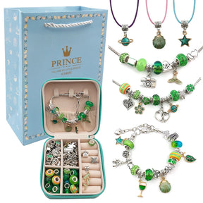Bracelet Créatif – Kit avec Bracelets + Colliers + Breloques, pendentifs + Cadeau : Boîte à bijoux en cuir