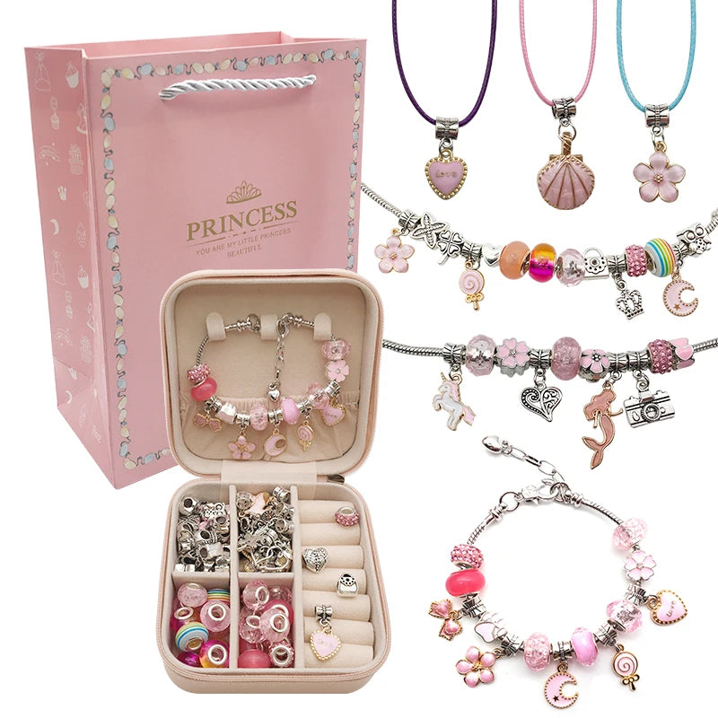 Bracelet Créatif – Kit avec Bracelets + Colliers + Breloques, pendentifs + Cadeau : Boîte à bijoux en cuir