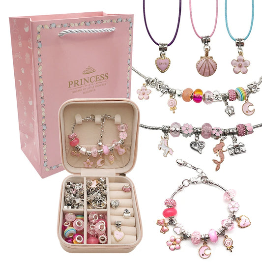Bracelet Créatif – Kit avec Bracelets + Colliers + Breloques, pendentifs + Cadeau : Boîte à bijoux en cuir