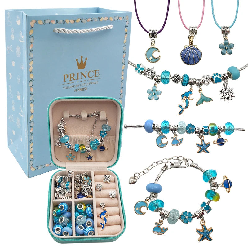 Bracelet Créatif – Kit avec Bracelets + Colliers + Breloques, pendentifs + Cadeau : Boîte à bijoux en cuir